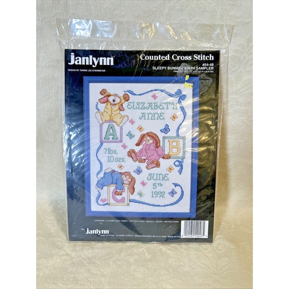Vintage Janlynn Counted Cross Stitch Kit Sleepy Bunnies Birth Sampler 54-48 NOS